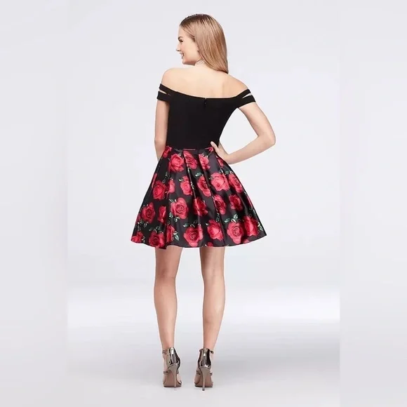 Blondie Nites Split Sleeve Printed Charmeuse Fit Flare Dress Formal Rose Vintage - Picture 6 of 10